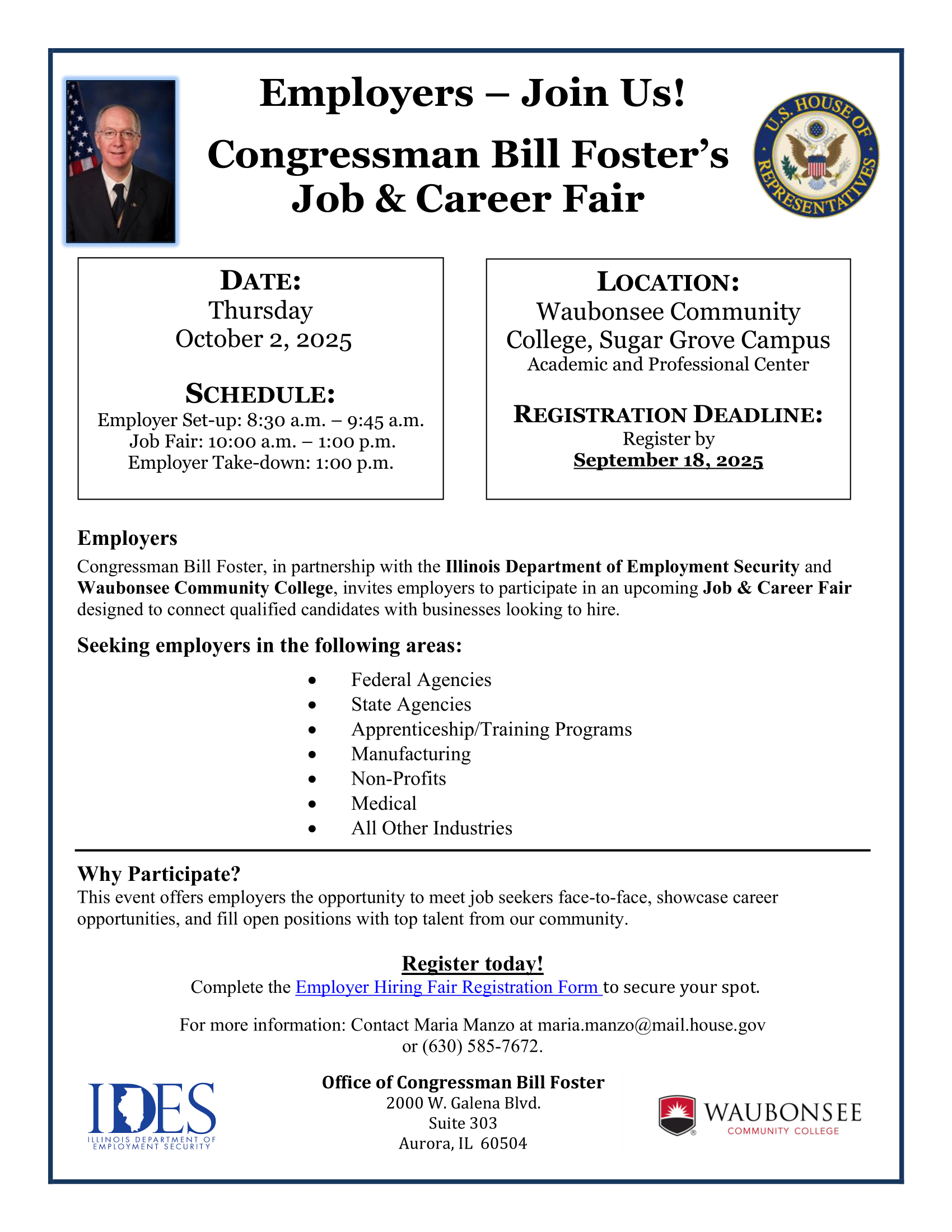 Congressman Bill Foster’s Career Fair poster
